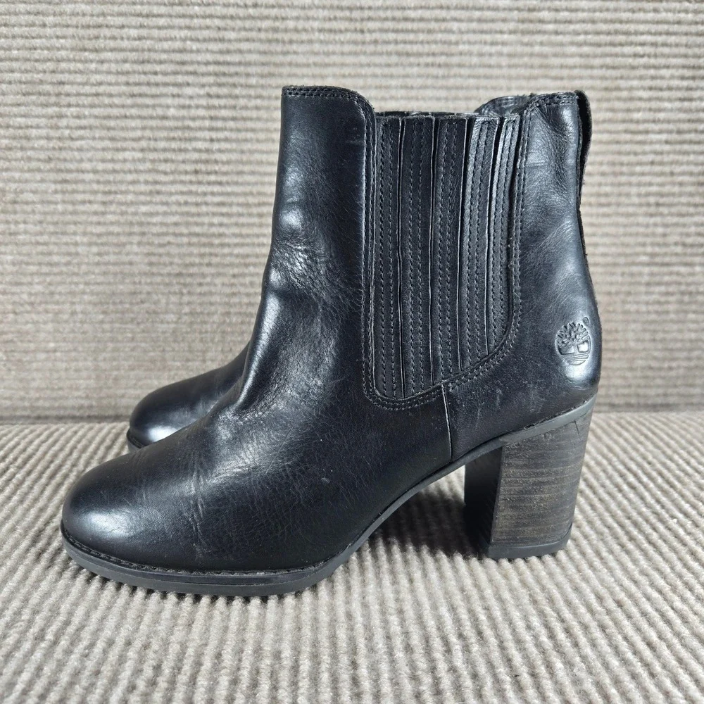 Timberland Womens‎ 6W Black Leather Block Heel Chelsea Ankle Boots A1979